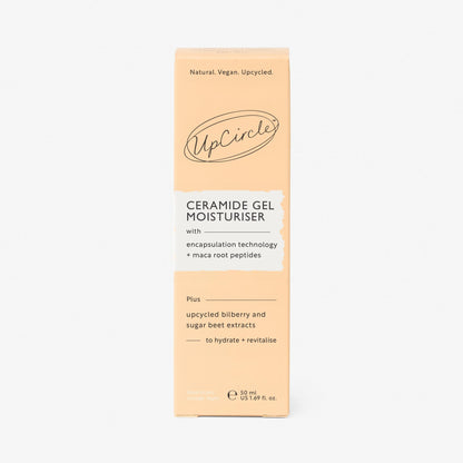 Ceramide Gel Moisturiser box by UpCircle, peach packaging with natural vegan upcycled branding on Tampa Home & Garden Store