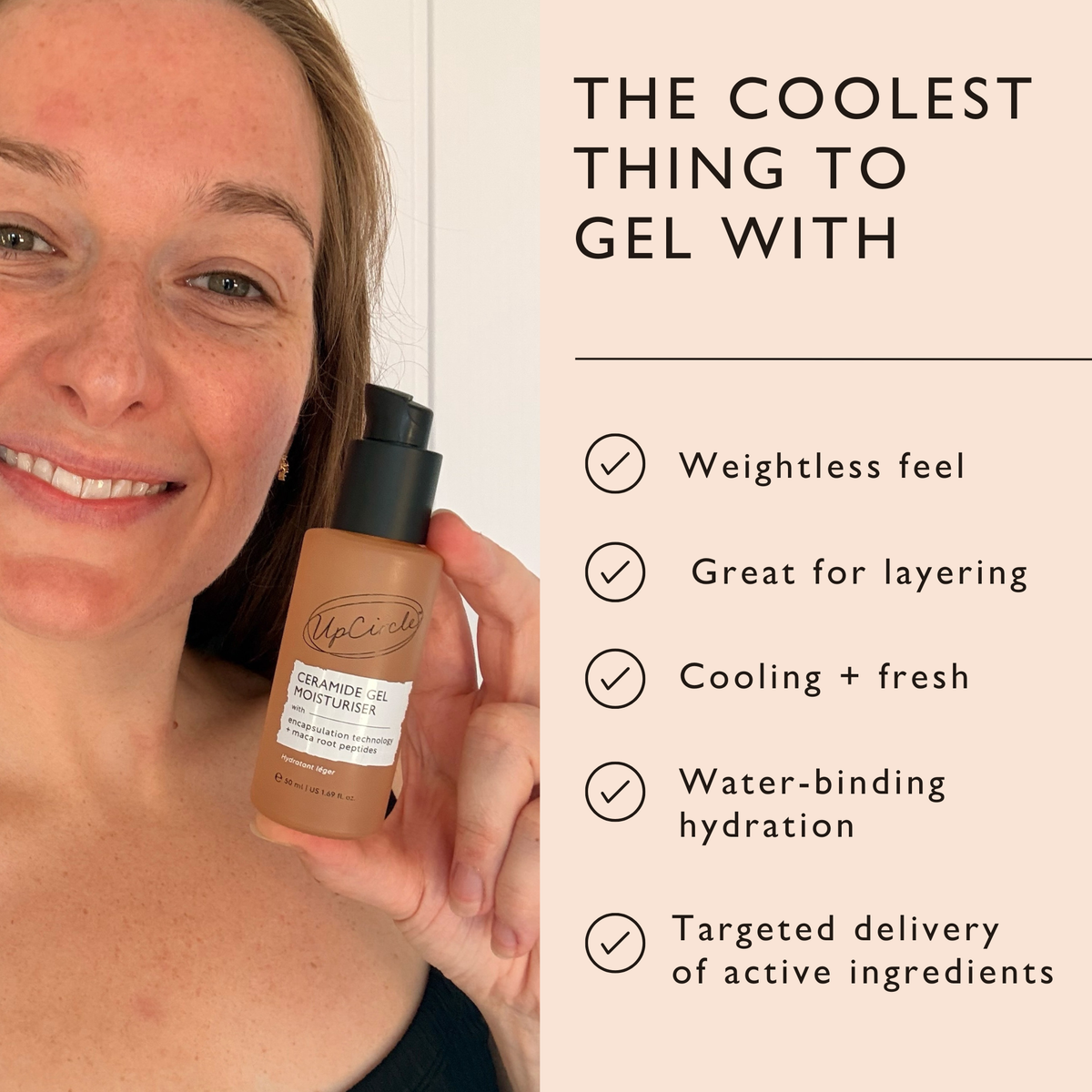 Ceramide Gel Moisturiser by UpCircle, brown glass bottle with black pump, held by smiling woman on Tampa Home & Garden Store