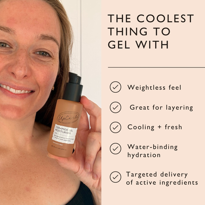 Ceramide Gel Moisturiser by UpCircle, brown glass bottle with black pump, held by smiling woman on Tampa Home & Garden Store