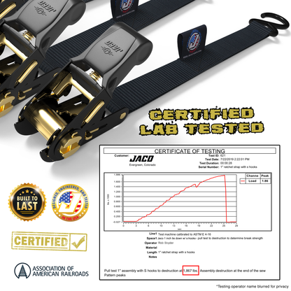 Correas de trinquete para amarre (paquete de 4) - 2,5 cm x 4,5 m | Resistencia a la rotura certificada por la AAR (823 kg) | Juego de amarre de carga