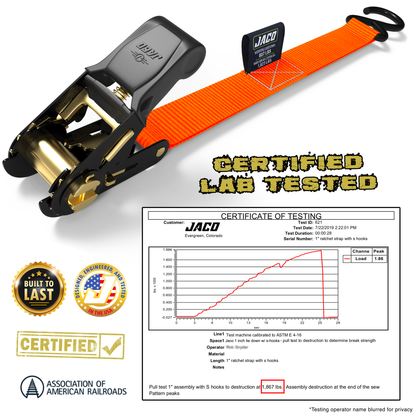 Correas de trinquete para amarre (paquete de 4) - 2,5 cm x 4,5 m | Resistencia a la rotura certificada por la AAR (823 kg) | Juego de amarre de carga
