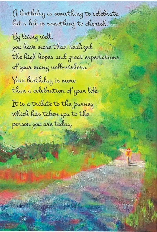 Birthday Card a Tribute to the Journey, colorful abstract landscape with a lone figure on a path on Tampa Home & Garden Store