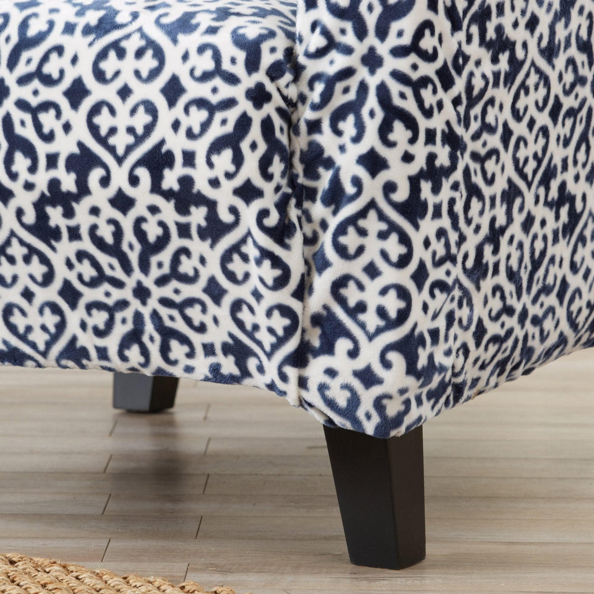 Velvet stretch slipcover Gale Collection by Great Bay Home navy damask pattern on sofa on Tampa Home & Garden Store