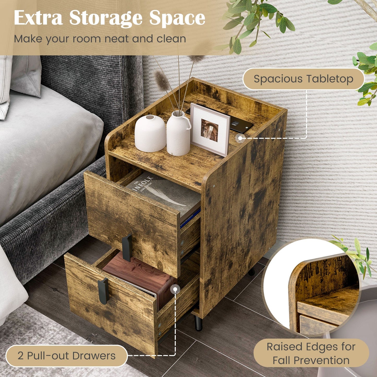 Mesitas de Noche con 2 Cajones y 2 Puertos USB - Marrón Rústico