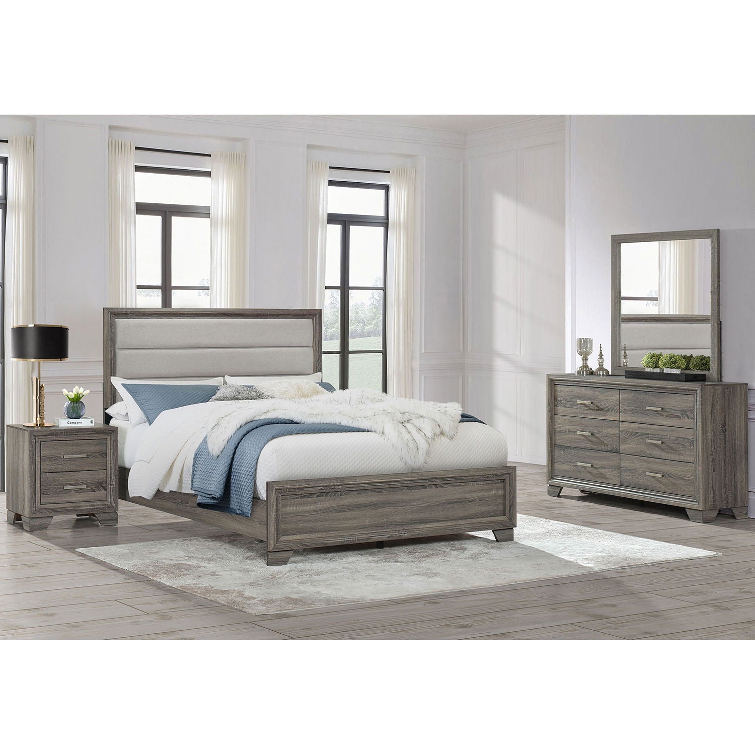 Queen oak bed with upholstered headboard, 4-piece with nightstand and dresser HouseOfZazla on Tampa Home & Garden Store