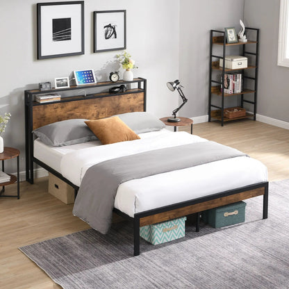 Platform bed frame with wooden headboard and footboard, black metal frame and USB liner on Tampa Home & Garden Store