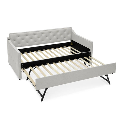 Daybed with pop up trundle and USB charging armrest, gray upholstery, Unique Piece Furniture on Tampa Home & Garden Store