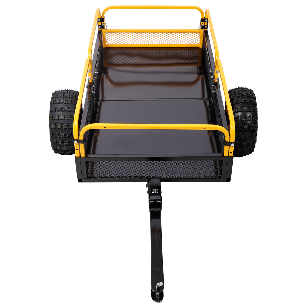Heavy-Duty Tow-Behind Dump Cart with steel bed and yellow frame rugged tires on Tampa Home & Garden Store