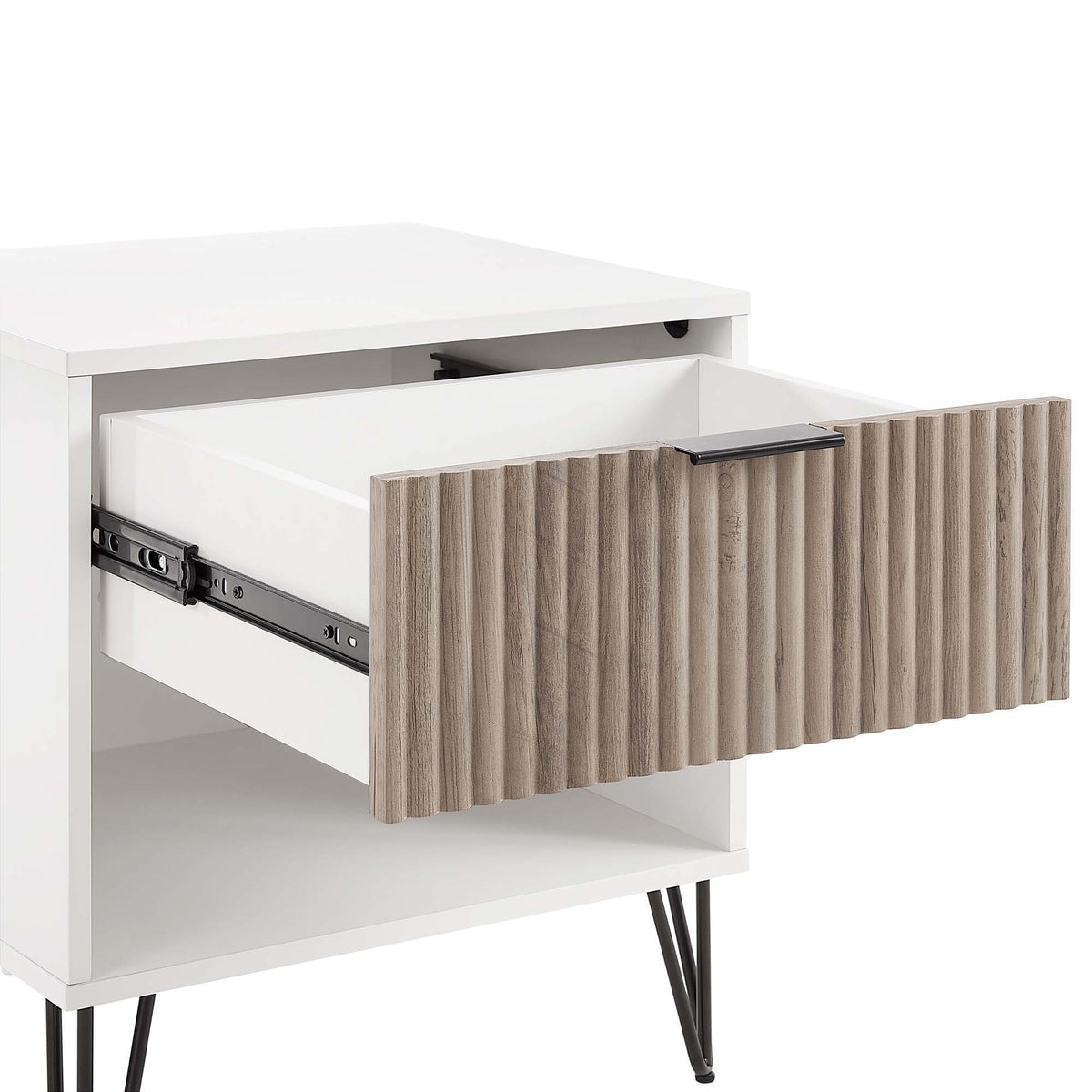 Fluted Nightstand with Drawer, white body and gray wood-front, contemporary accent table on Tampa Home & Garden Store