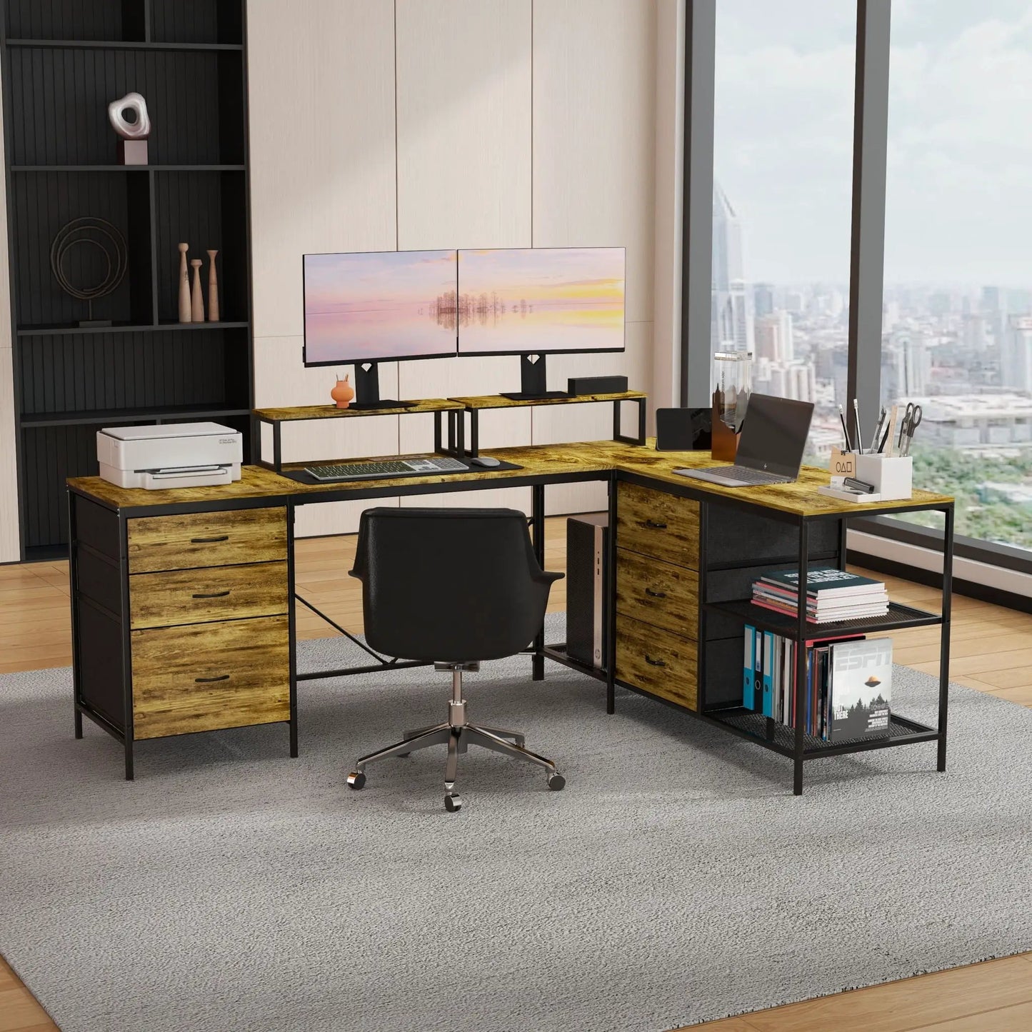 Industrial L-shaped brown corner desk with black metal frame, six-drawer storage and dual monitor stands on Tampa Home & Garden Store