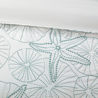 White duvet cover mini set with teal seashell embroidery on Tampa Home & Garden Store