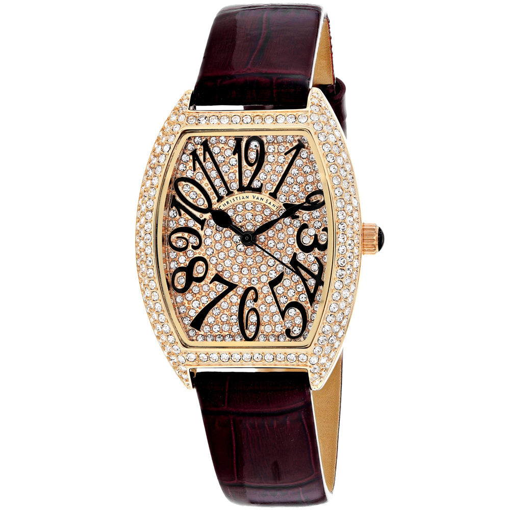 Watch Christian Van Sant Women's Elegant gold-tone crystal watch with burgundy strap on Tampa Home & Garden Store
