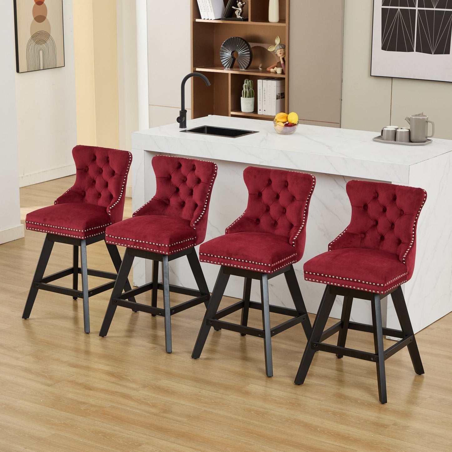 Swivel Velvet Bar Stools with Button Tufting, wine red, nailhead trim, black legs set of 2 on Tampa Home & Garden Store