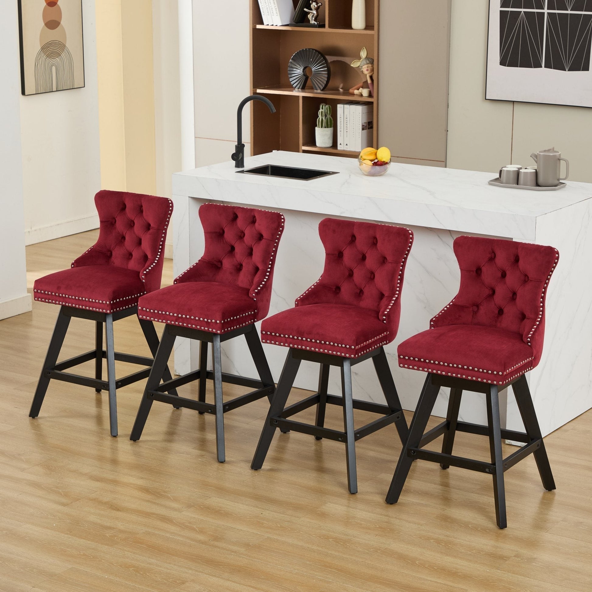 Swivel Velvet Bar Stools with Button Tufting, wine red, nailhead trim, black legs set of 2 on Tampa Home & Garden Store