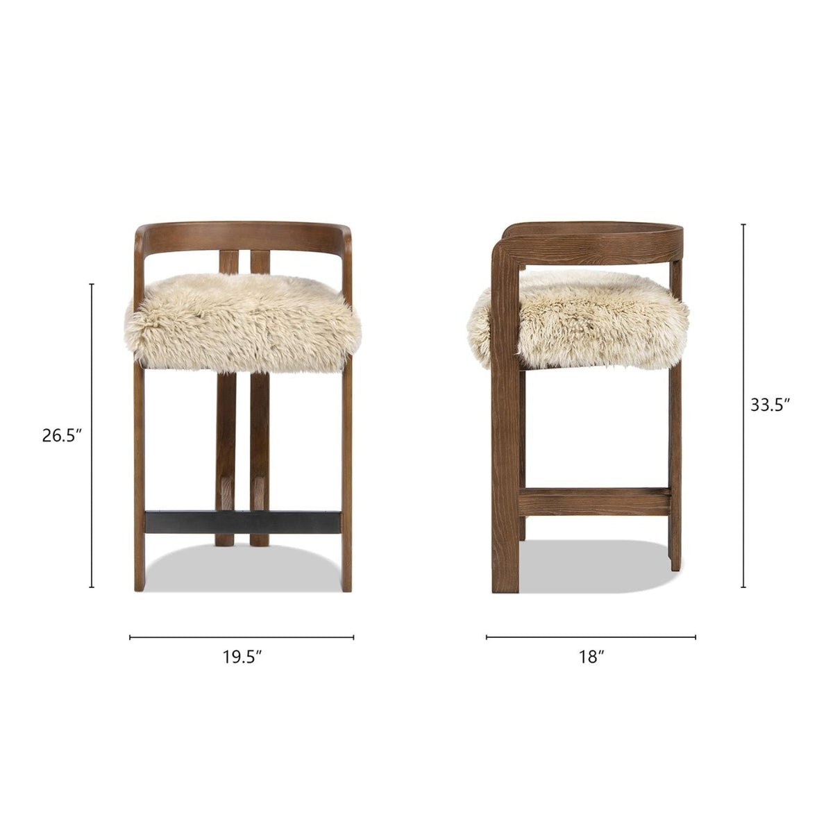 HouseOfZazla low back counter stool with sheepskin seat in light or dark brown counter height on Tampa Home & Garden Store