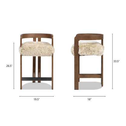 HouseOfZazla low back counter stool with sheepskin seat in light or dark brown counter height on Tampa Home & Garden Store