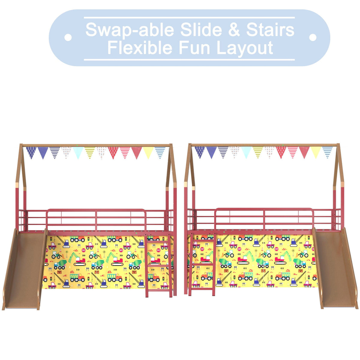 Jack House Loft Bed with Slide by HouseOfZazla, red frame with bunting banners, 2-loft set on Tampa Home & Garden Store