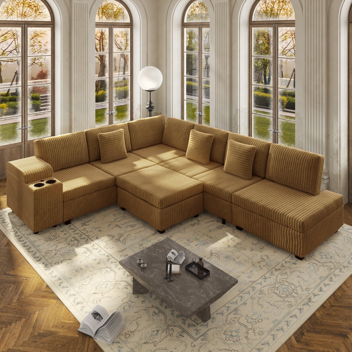Luxury Camel L Shaped Sofa And Ottoman Set