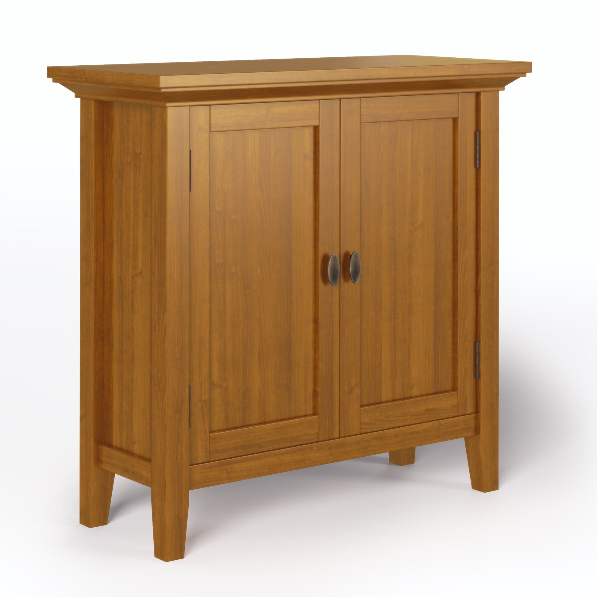 Redmond Handcrafted Low Storage Cabinet warm oak wood with paneled double doors on Tampa Home & Garden Store