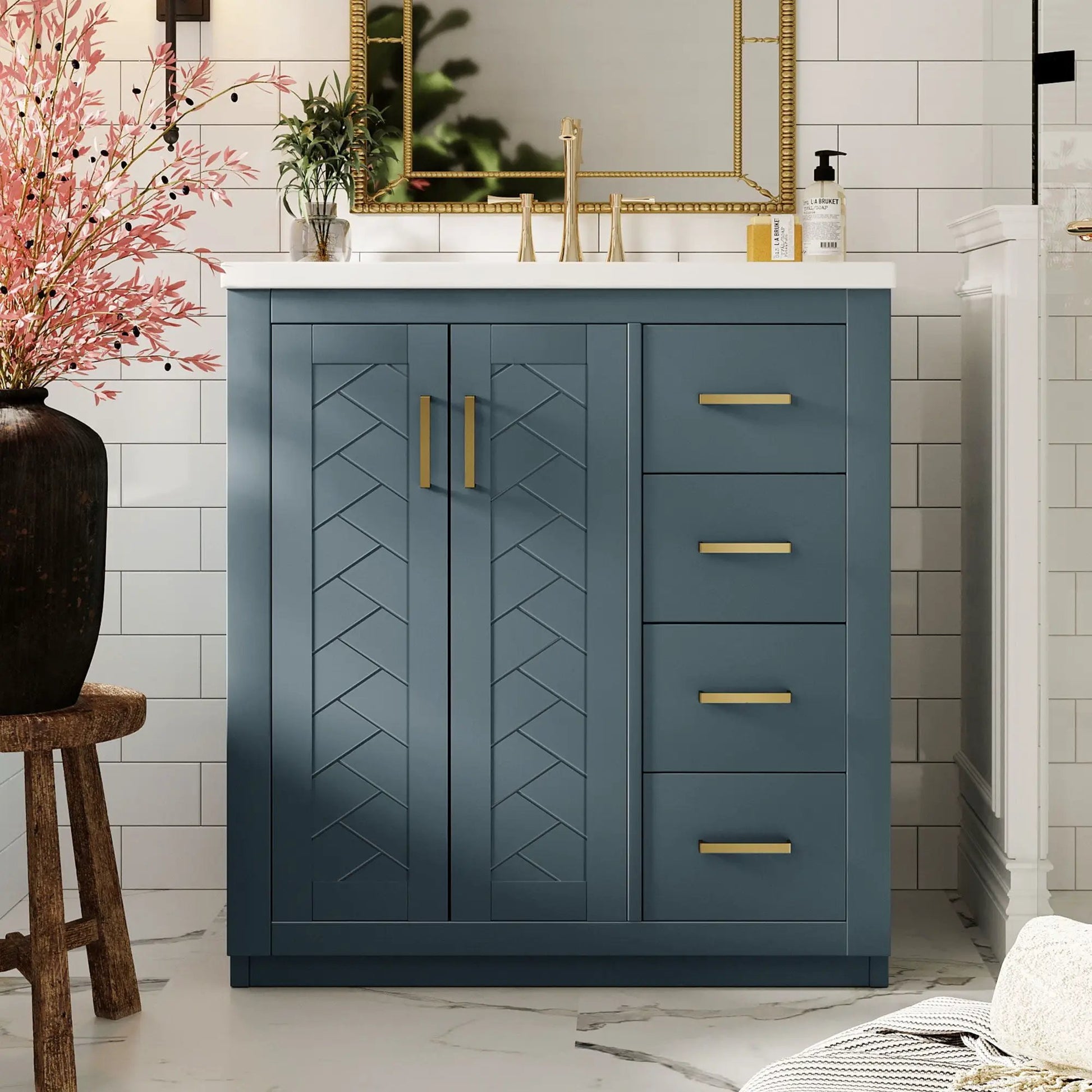 Vanity with sink in blue cabinet, 3 drawers and storage doors, gold hardware, soft closing doors on Tampa Home & Garden Store
