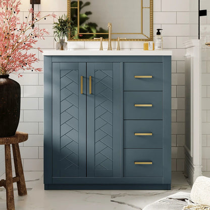 Vanity with sink in blue cabinet, 3 drawers and storage doors, gold hardware, soft closing doors on Tampa Home & Garden Store