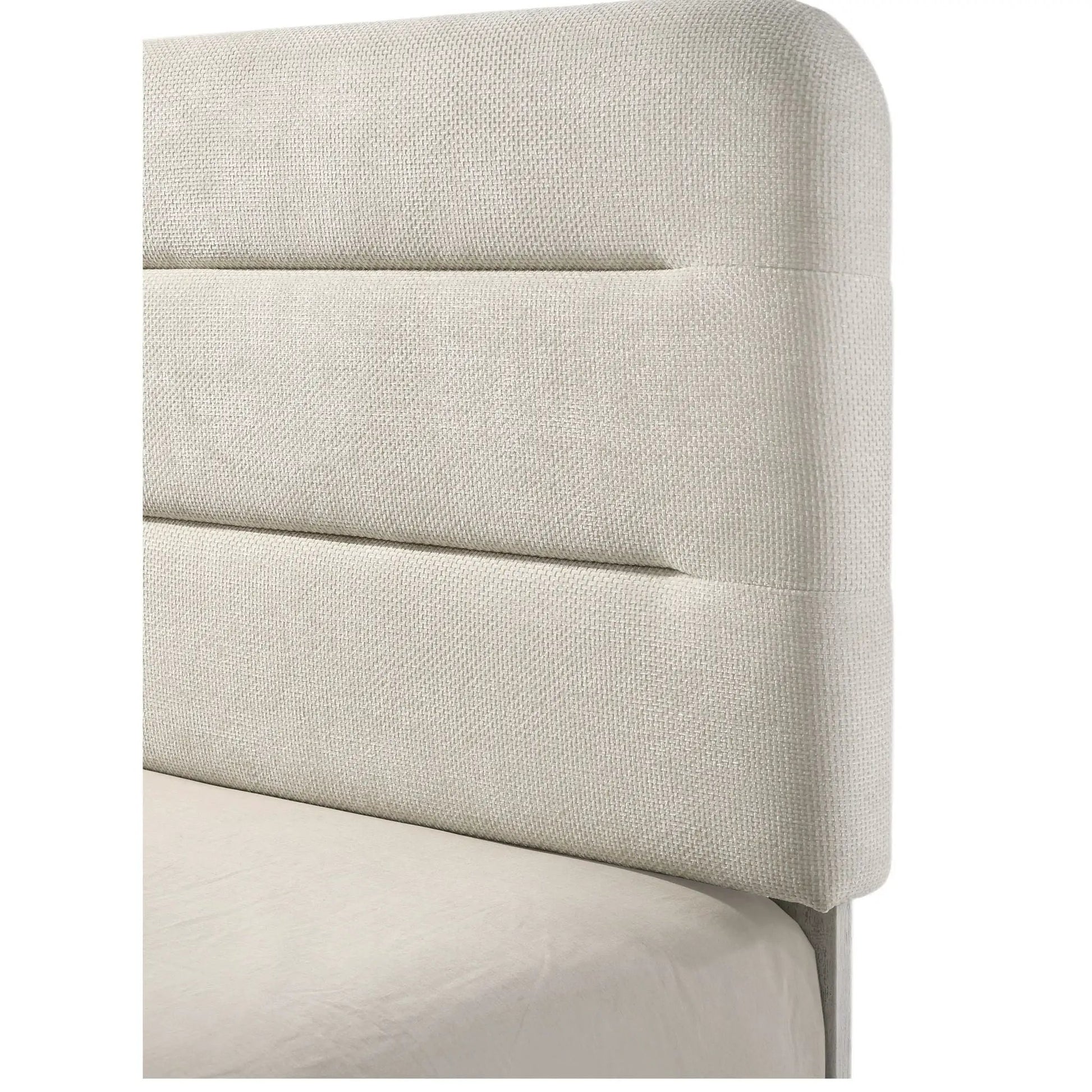 Upholstered panel bed headboard in beige textured fabric with sleek lines on Tampa Home & Garden Store