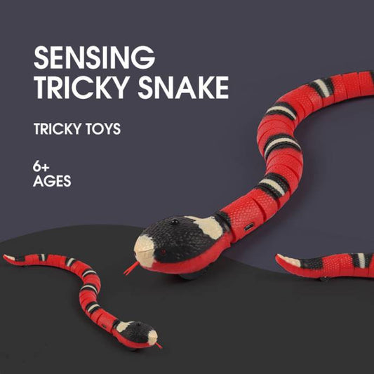 Interactive red and black striped snake cat toy with electric induction sensor; two snakes on Tampa Home & Garden Store