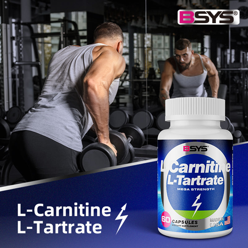 BSYS L-Carnitine L-Tartrate supplement bottle in gym setting, blue label and white cap on Tampa Home & Garden Store