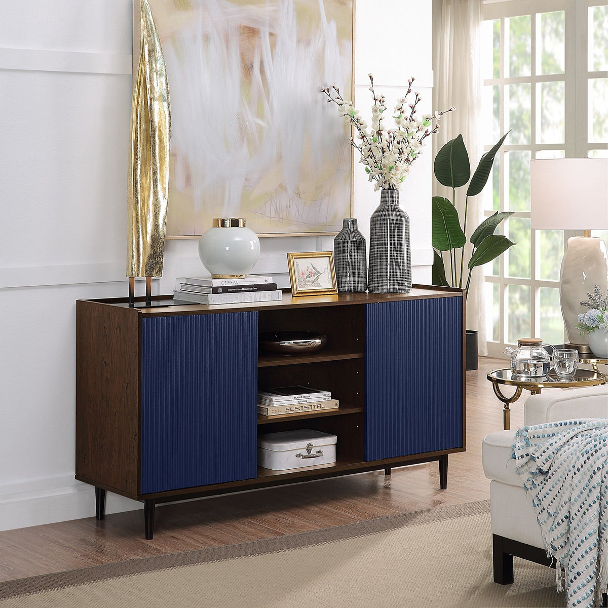 Fluted blue sideboard with adjustable storage, dark wood frame and tapered legs on Tampa Home & Garden Store