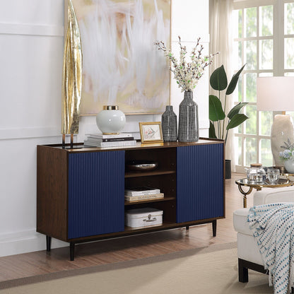 Fluted blue sideboard with adjustable storage, dark wood frame and tapered legs on Tampa Home & Garden Store