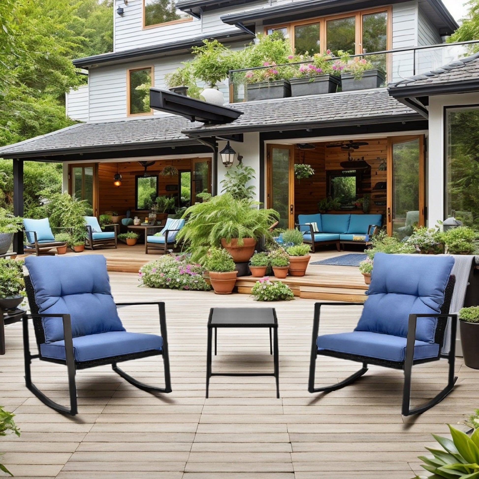3-Piece Patio Rocking Chairs Set with blue cushions by HouseOfZazla on a wooden deck on Tampa Home & Garden Store