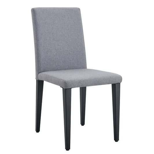 Dining chair with grey fabric upholstery and black metal legs on Tampa Home & Garden Store