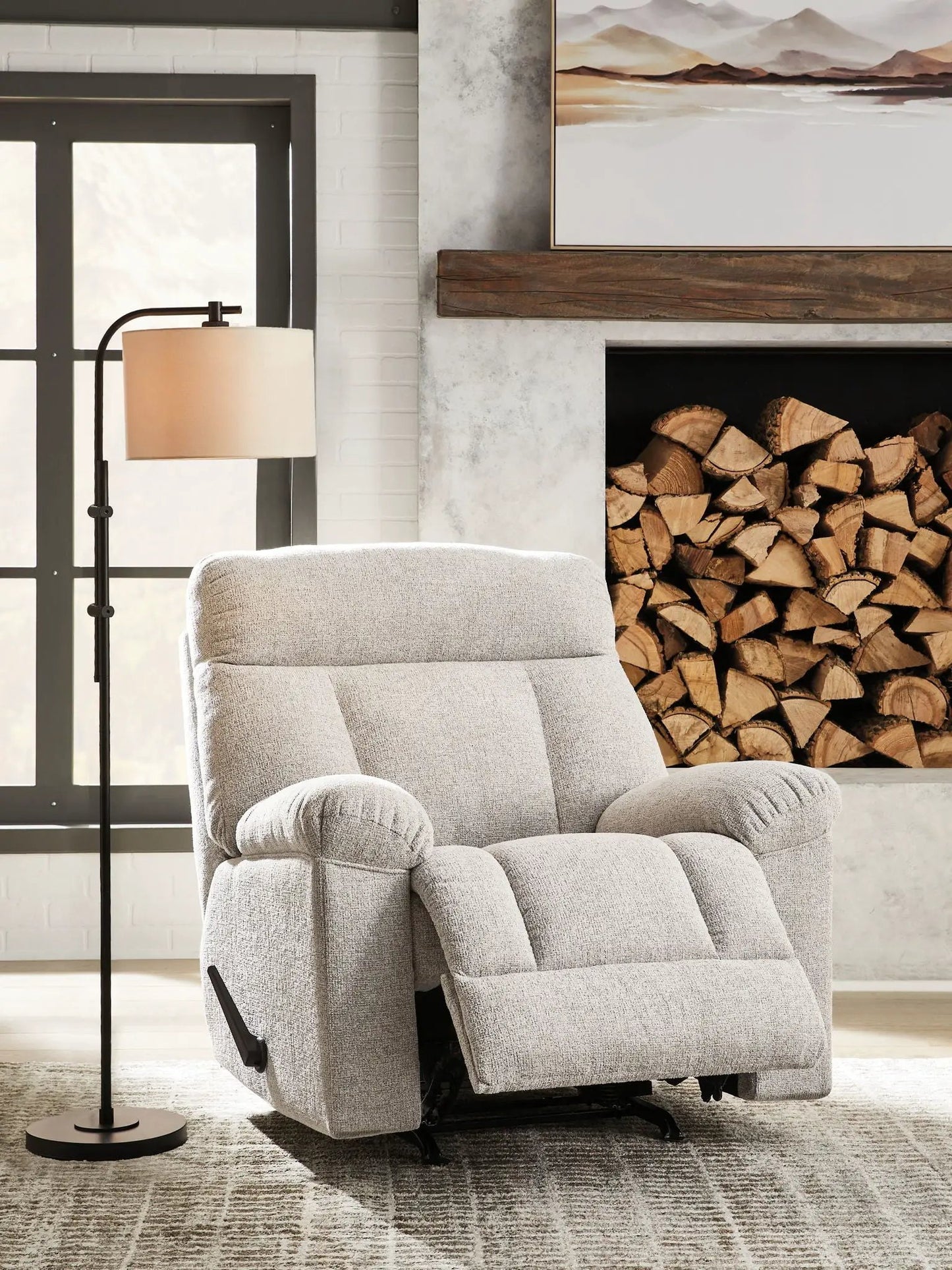 Hoyne Park rocker recliner in light gray fabric by Unique Piece Furniture with plush padded arms on Tampa Home & Garden Store