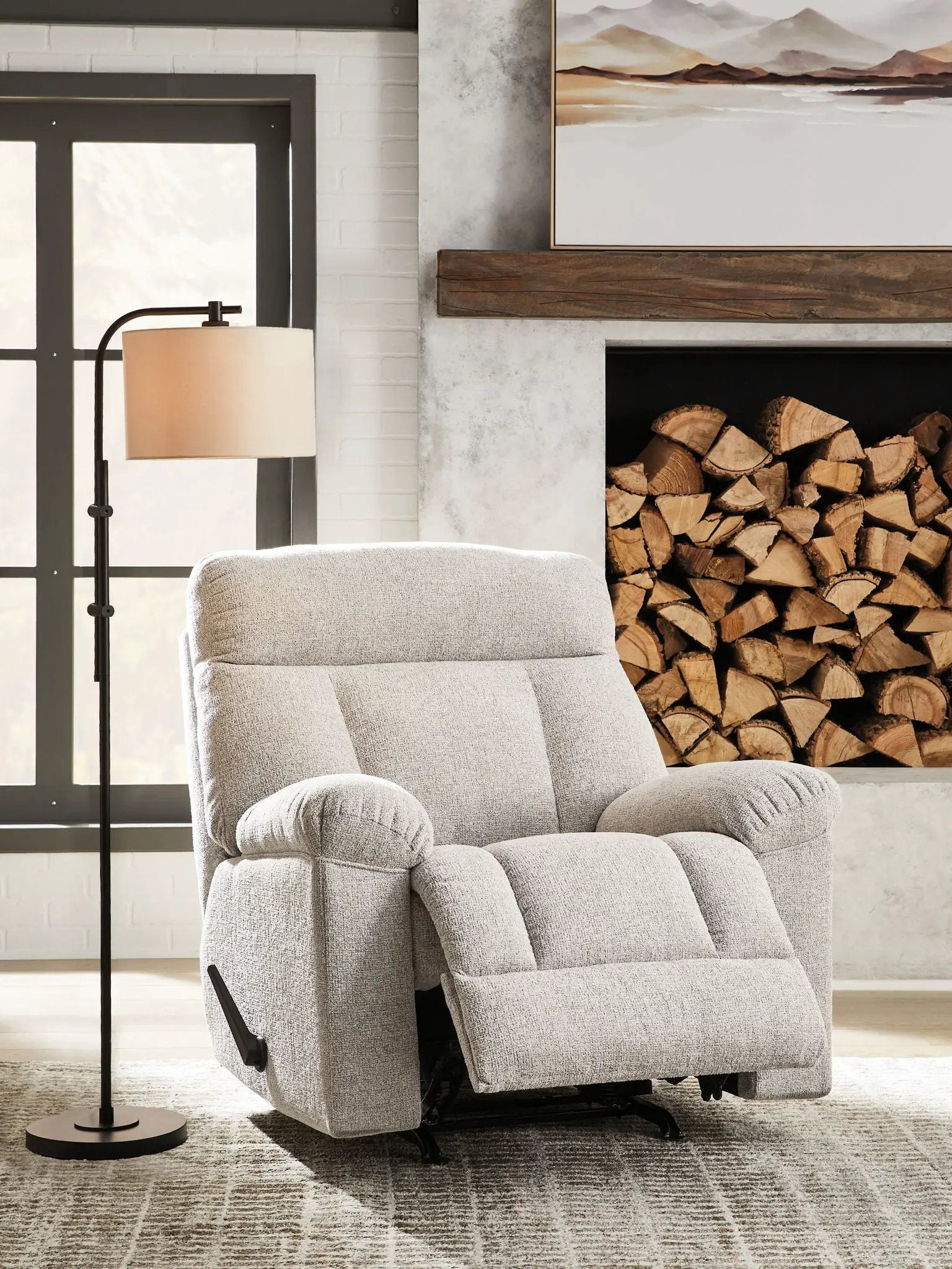 Hoyne Park rocker recliner in light gray fabric by Unique Piece Furniture with plush padded arms on Tampa Home & Garden Store