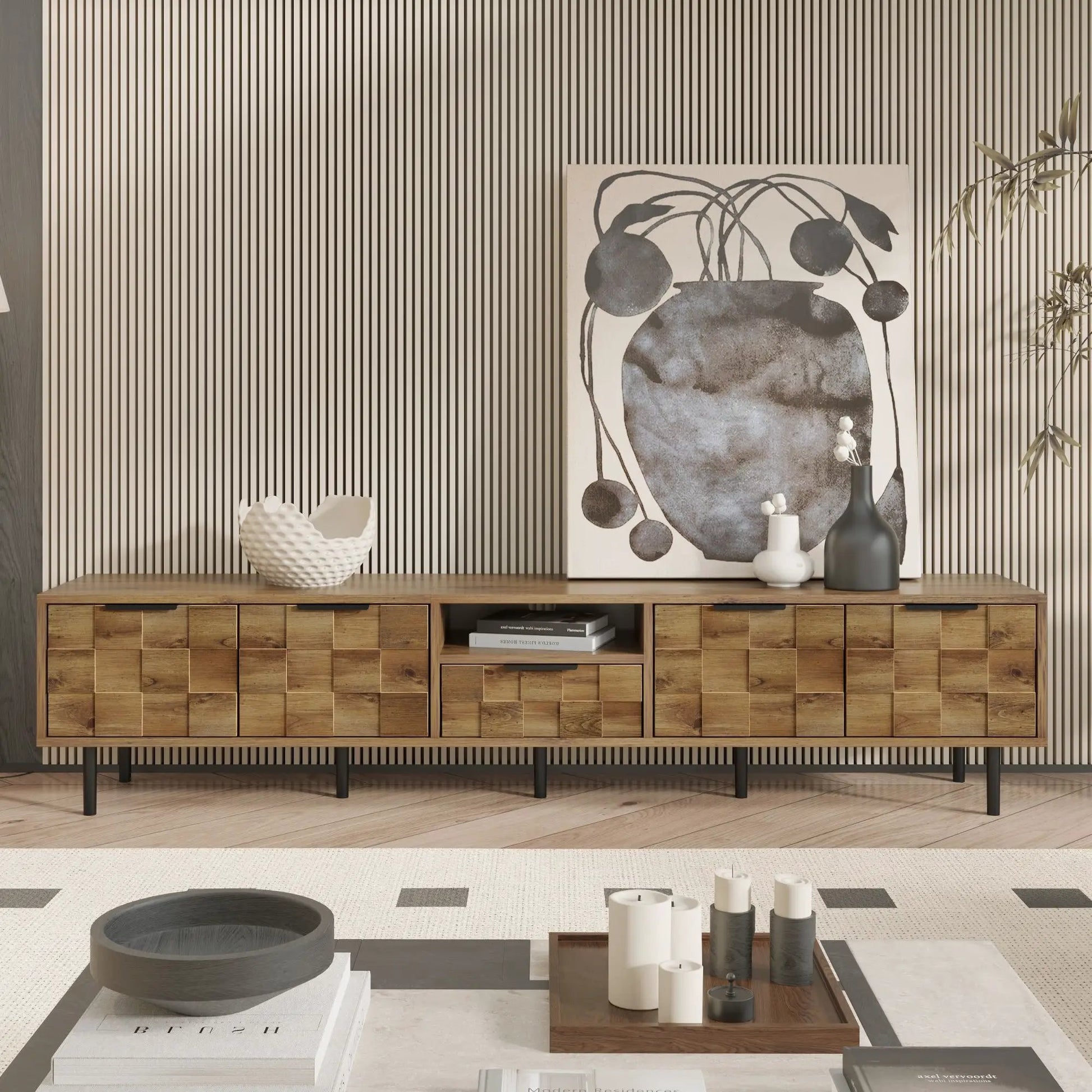 TV stand L-shaped entertainment console with natural wood finish and grid storage on black legs on Tampa Home & Garden Store