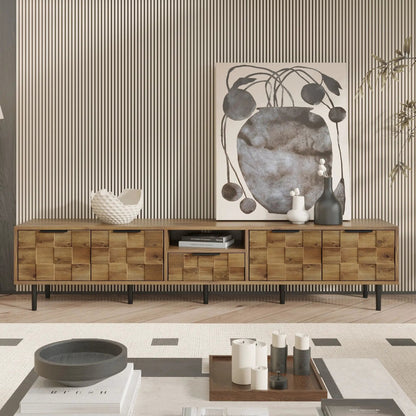 TV stand L-shaped entertainment console with natural wood finish and grid storage on black legs on Tampa Home & Garden Store