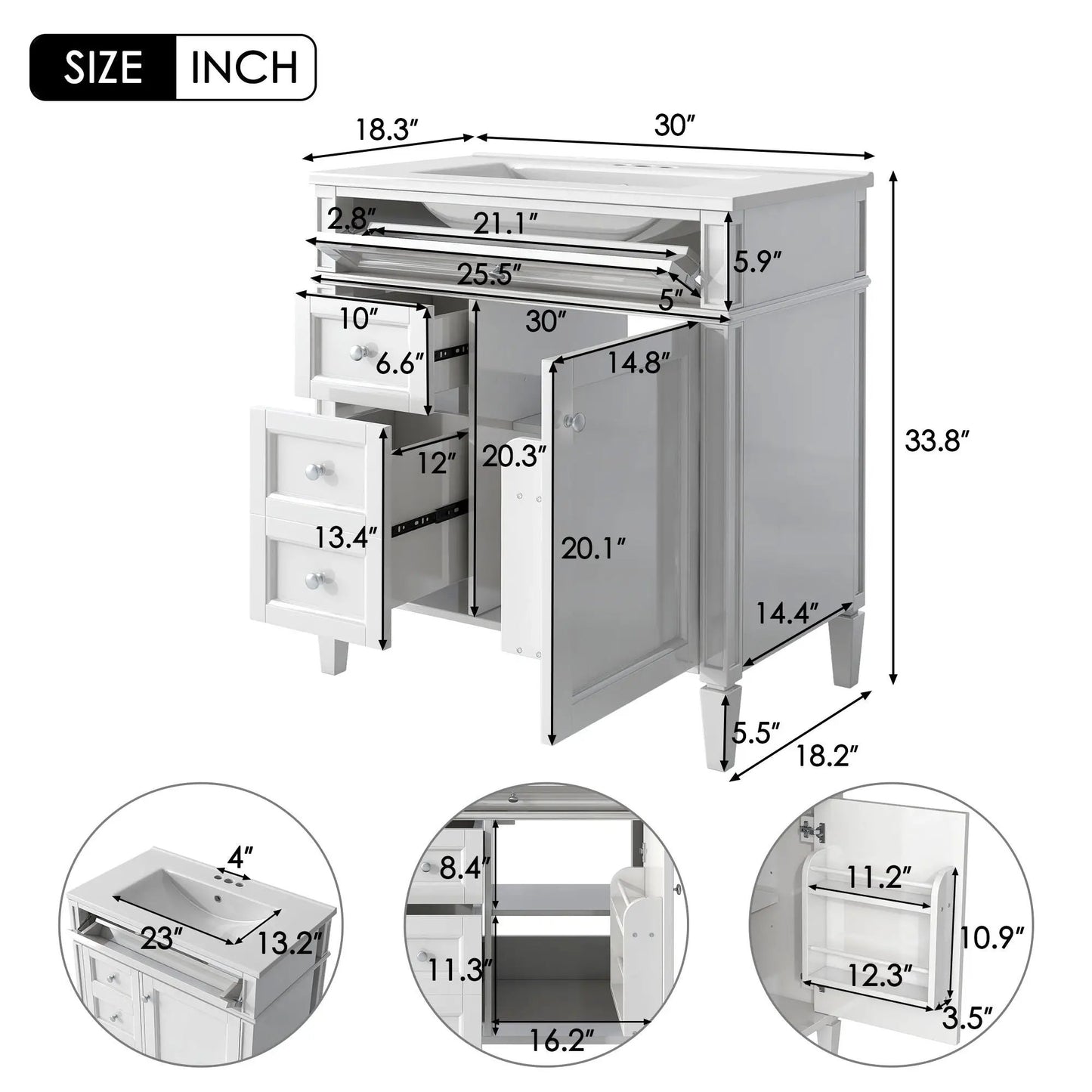 Bathroom vanity with medicine cabinet, white finish, 2 soft-closing doors and 4 drawers on Tampa Home & Garden Store
