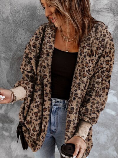 Trendy fuzzy leopard hooded jacket by Stevvex, leopard print, long sleeves, casual cozy fit on Tampa Home & Garden Store