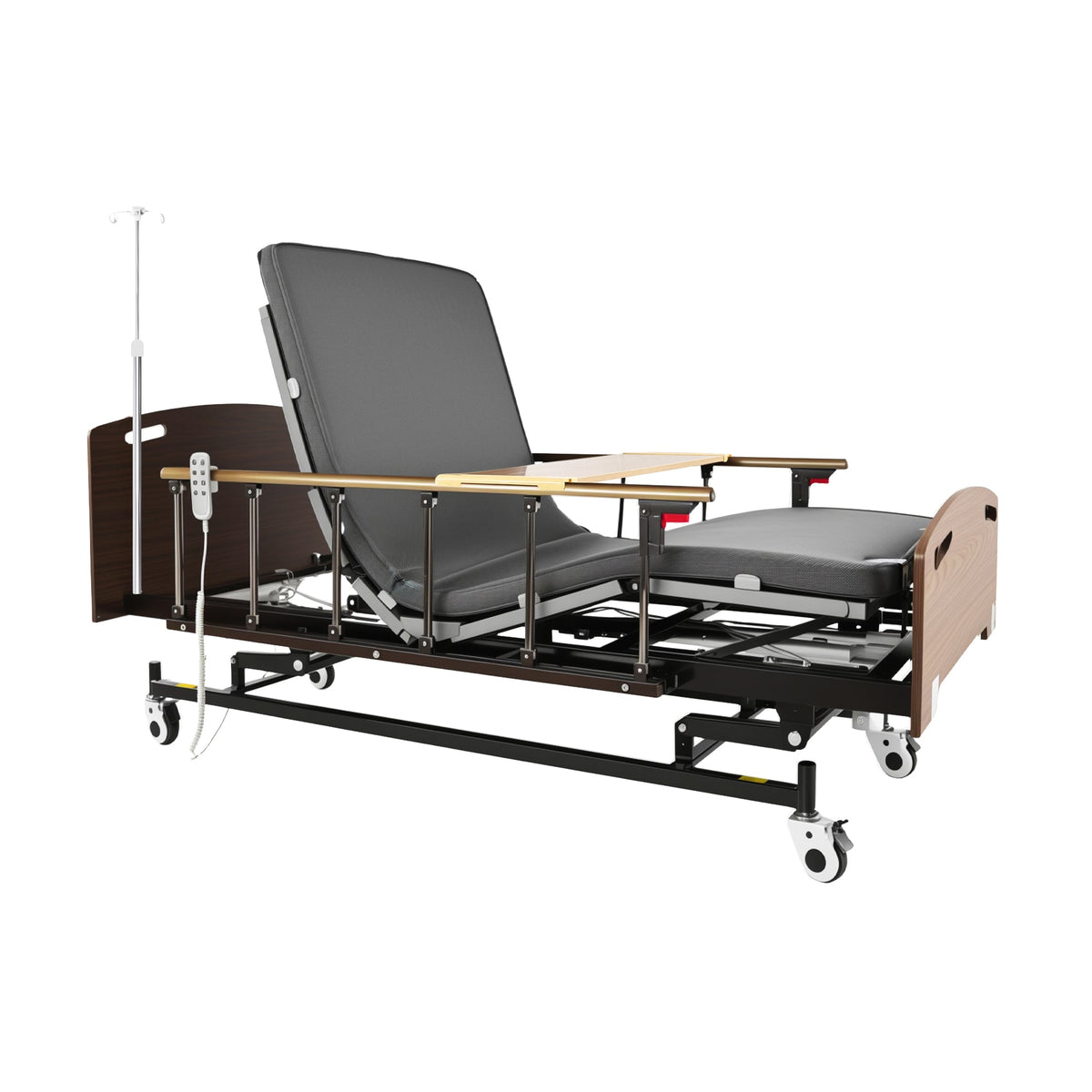 Electric hospital bed for home care by HouseOfZazla with gray mattress and wooden rails on Tampa Home & Garden Store