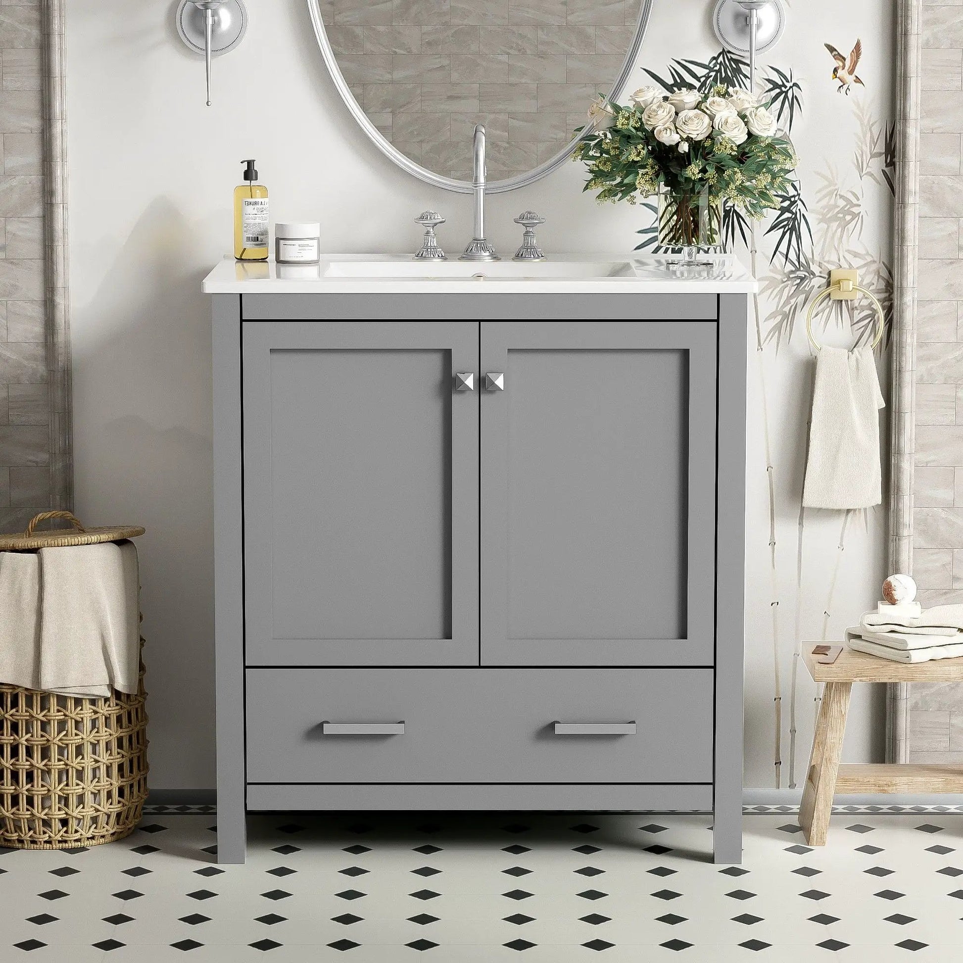Bathroom vanity with single undermount sink, gray solid wood frame, 2 doors and a drawer on Tampa Home & Garden Store