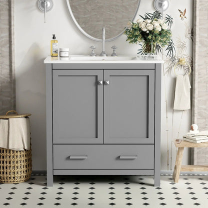 Bathroom vanity with single undermount sink, gray solid wood frame, 2 doors and a drawer on Tampa Home & Garden Store