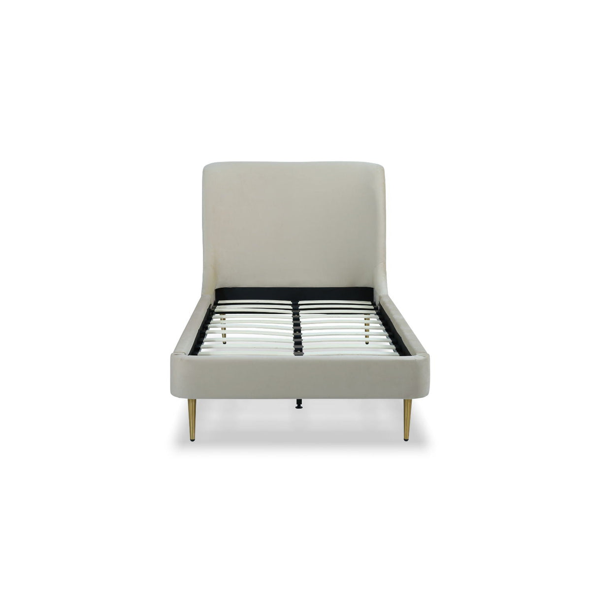 Mid-Century modern upholstered bed with curved beige headboard, gold tapered legs HouseOfZazla on Tampa Home & Garden Store