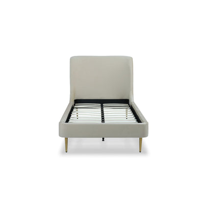 Mid-Century modern upholstered bed with curved beige headboard, gold tapered legs HouseOfZazla on Tampa Home & Garden Store