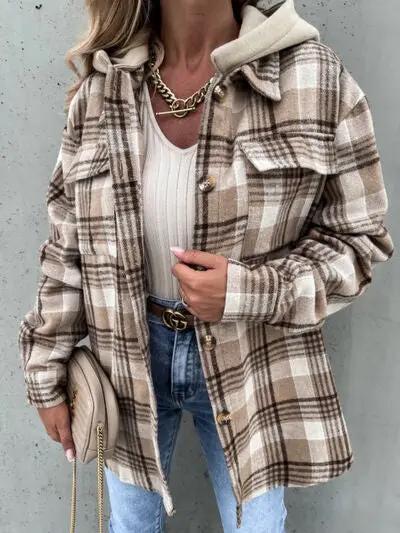Stevvex camel plaid button-up jacket with removable hood, cozy wrap coat, worn by model on Tampa Home & Garden Store