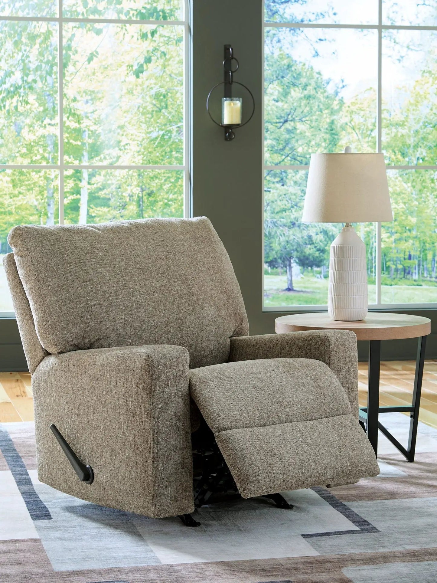 Newellen Rocker Recliner beige fabric upholstery with footrest by Unique Piece Furniture on Tampa Home & Garden Store