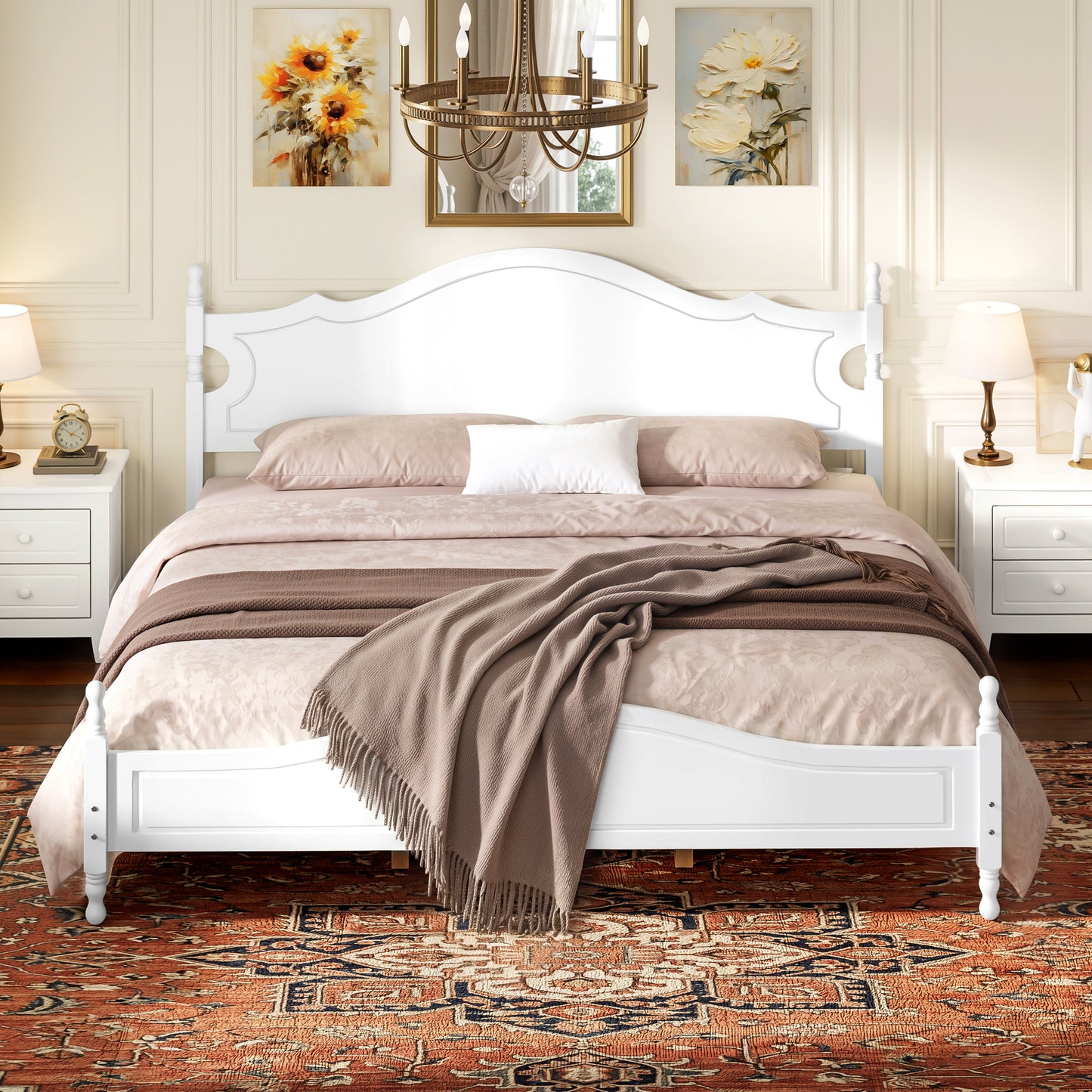 Retro King Wooden Platform Bed with Headboard