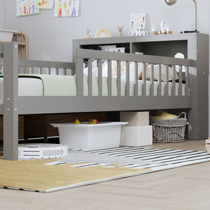 Bed with headboard storage rack, 2 under-bed drawers and 3 guardrails for safety on Tampa Home & Garden Store