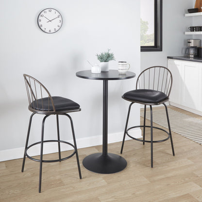 Farmhouse counter stool set with swivel and round footrests in black; three stools around table on Tampa Home & Garden Store