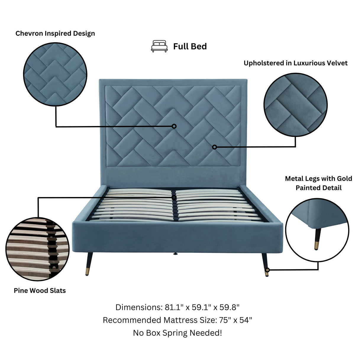 Crosby blue velvet upholstered bed with chevron headboard and slats, full bed, metal legs on Tampa Home & Garden Store
