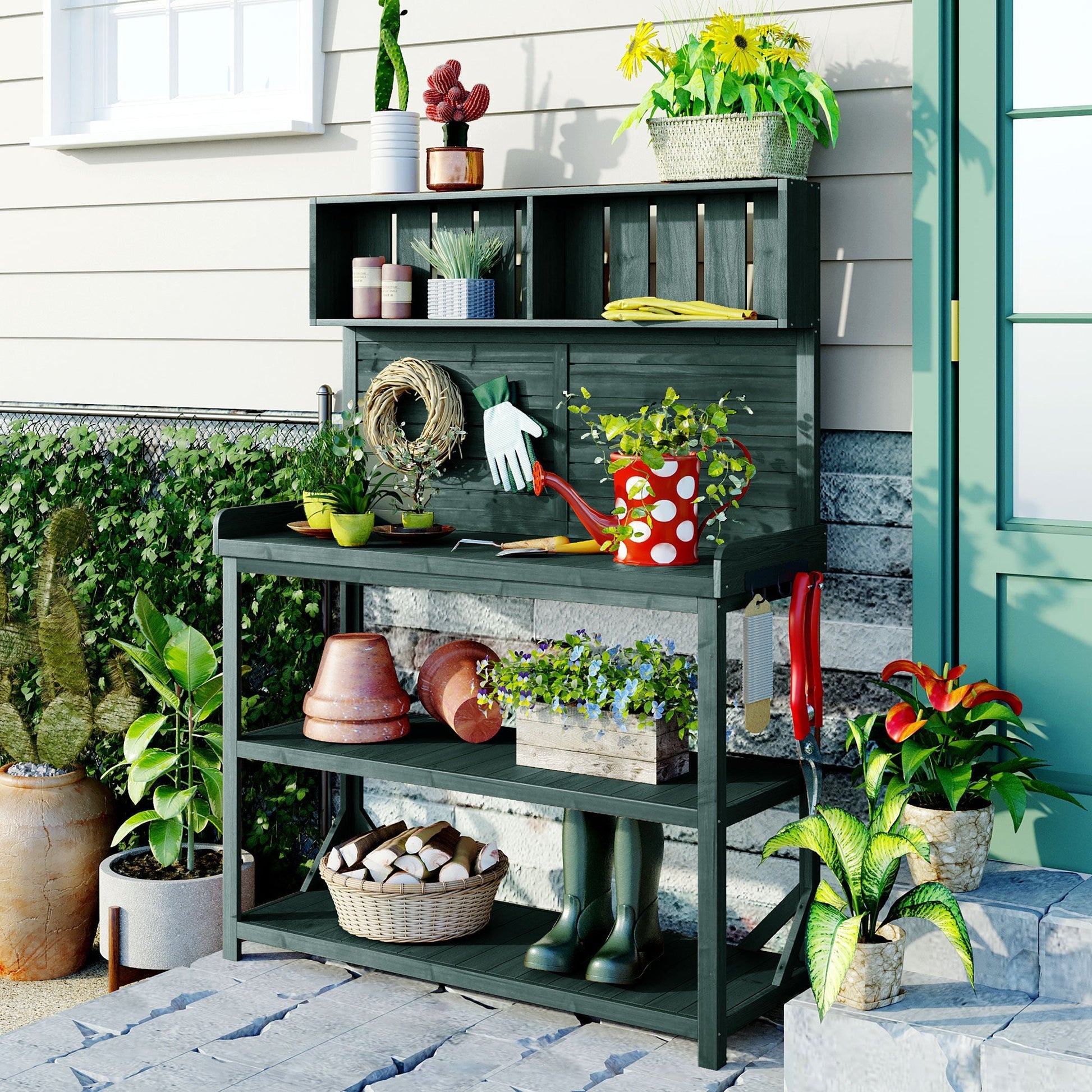 TOPMAX 65" Large Wooden Farmhouse Rustic Outdoor Potting Bench Table, dark wood, HouseOfZazla on Tampa Home & Garden Store